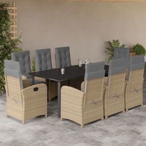vidaXL Set de masă pentru grădină, 9 piese, cu perne, bej, poliratan imagine