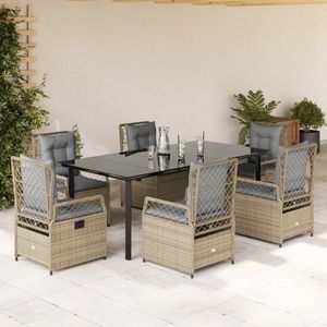 vidaXL Set de masă pentru grădină, 7 piese, cu perne, bej, poliratan imagine