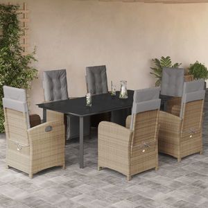 vidaXL Set de masă pentru grădină, 7 piese, cu perne, bej, poliratan imagine