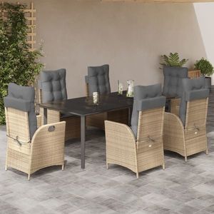 vidaXL Set de masă pentru grădină, 7 piese, cu perne, bej, poliratan imagine