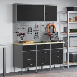 vidaXL Banc de lucru cu sertar 8 pcs Negru 150 x 55 x 200 cm Oțel imagine