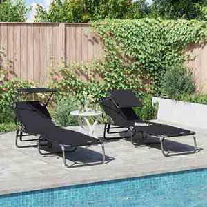 vidaXL Șezlong pliabil cu pernă 2 pcs Negru 56 x 190 x 81cm țesătură imagine