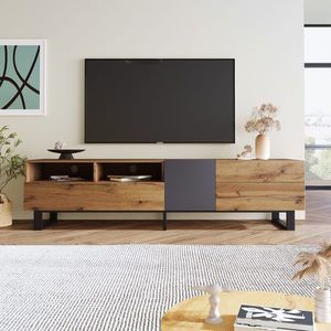 Mobilă TV modernă cu design în blocuri de culoare, Culoare naturală+Negru | Aosom Romania imagine