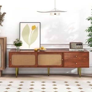 Mobilier TV elegant cu uși glisante din ratan, Culoare naturală | Aosom Romania imagine