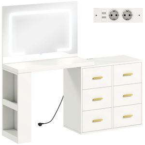 HOMCOM Stație de Machiaj cu Lumini LED, 3 Culori, Luminozitate Reglabilă, Toaletă Convertibilă cu Prize Electrice, 6 Sertare Soft Close, Oglindă, Rafturi Deschise, pentru Dormitor, Alb | Aosom Romania imagine