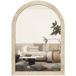 HOMCOM Oglindă de Perete în Arc cu Margine Canelată și Cârlige, Oglindă Modernă din Sticlă și Polistiren, 50x2x70 cm, Bej | Aosom Romania imagine
