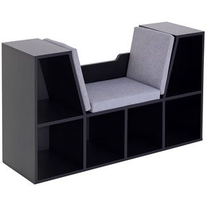 HOMCOM Bibliotecă cu Banc 2 în 1 Design Contemporan 6 Compartimente 3 Perne Incluse 102L x 30l x 61H cm Negru Gri | Aosom Romania imagine