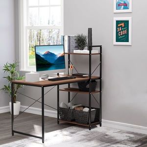 HOMCOM Birou de colț cu depozitare design industrial cu bibliotecă 3 rafturi panouri particulate aspect nuc metal negru | Aosom Romania imagine
