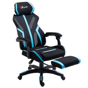 Vinsetto Scaun Gaming cu Suport pentru Picior Retractabil Scaun de Birou Rotativ Inclinabil cu Suport de Cap și Înălțime Reglabilă 65x65x119-129 cm Negru și Albastru | Aosom Romania imagine