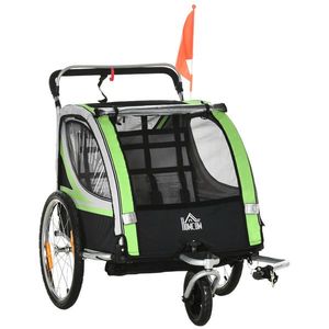 HOMCOM Fahrradanhänger 2 în 1 pentru 2 copii, funcție de împingere, protecție împotriva ploii, frână, Verde | Aosom Romania imagine