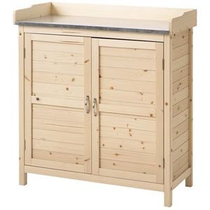 Outsunny Dulap de grădină cu 2 rafturi, suprafață de lucru din metal cu margine ridicată, lemn natural, 83 x 40 x 92 cm | Aosom Romania imagine