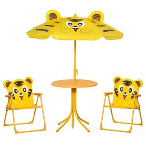 Outsunny Set Mobilier Grădină Copii 4 piese Design Tigrul: Masă rotundă, 2 scaune pliante, umbrelă, metal epoxid galben | Aosom Romania imagine