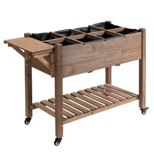 Outsunny Jardinieră pe Picior - Carré potager cu roți - raft, Tavă Rabatabilă, Inserturi de Irigare, Fâș de Drenaj Inclus - Lemn Brad pre-uleiuit | Aosom Romania imagine