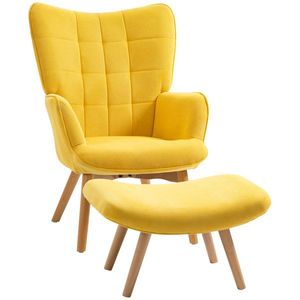 HOMCOM Fotoliu Accent cu Taburet, Fotoliu de Relaxare în Aspect de Catifea, Fotoliu cu Brațe și Picioare de Lemn, pentru Sufragerie, Galben | Aosom Romania imagine