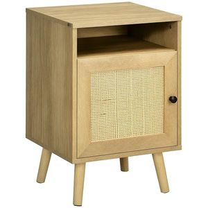 HOMCOM Noptieră cu Ușă de Ratan Masă Auxiliară pentru Dormitor Sufragerie Pat 39x35x60 cm Lemn Natural | Aosom Romania imagine
