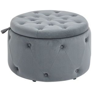 HOMCOM Puf, rotund, cu spațiu de depozitare, model matlasat cu butoane, catifea, gri, 60 x 60 x 40 cm | Aosom Romania imagine