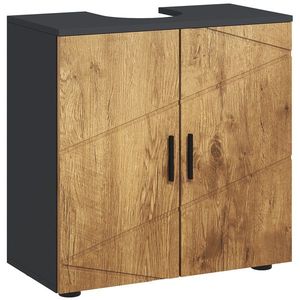 kleankin Dulap sub chiuveta lavabou, dulap de baie cu 2 usi cu raft, 60 x 30 x 60 cm gri antracit si aspect lemn | Aosom Romania imagine