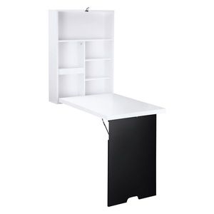 HOMCOM Birou de perete, blat pliabil, 5 rafturi, 60x94, 5x147cm, Negru/Alb | Aosom Romania imagine