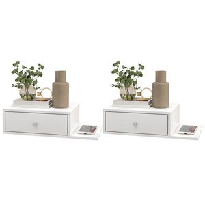 HOMCOM Set de 2 noptiere de perete - set de 2 noptiere - raft lateral și sertar - 55l x 30P x 15H cm MDF alb | Aosom Romania imagine