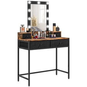 HOMCOM Coafare masă de machiaj oglindă LED reglabilă integrată - picior metalic negru - 4 sertare din material textil - Aspect lemn întunecat | Aosom Romania imagine