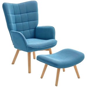 HOMCOM Fotoliu Accent cu Otoman, Fotoliu de Relaxare cu Aspect de Cord, Fotoliu cu Brate de Lemn, pentru Living, Albastru | Aosom Romania imagine