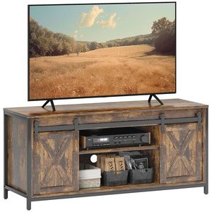 HOMCOM Stand TV Lowboard, Design industrial, pentru televizoare de 60'', 6 rafturi, 2 uși glisante, Maro/Negru | Aosom Romania imagine