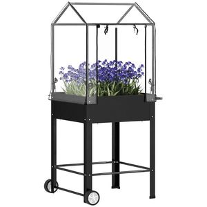 Outsunny Pătrat de grădină pe picioare cu capac din plastic, jardiniere ridicată cu roți și orificiu de drenaj 67 x 69 x 147 cm negru | Aosom Romania imagine