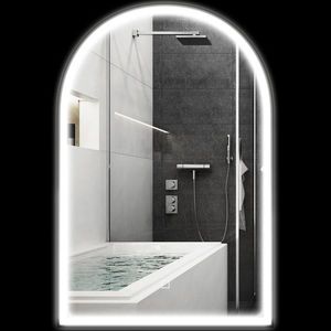 HOMCOM Oglindă de baie cu LED-uri 90 x 60 cm, montată pe perete, 3 culori, arcuită cu cadru din aluminiu, funcție anti-întunecare și comutator tactil | Aosom Romania imagine