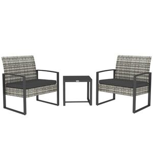 Outsunny Salon de jardin 3 piese 2 scaune cu perne + masă de cafea cu blat din sticlă securizată rășină tressée gri deschis | Aosom Romania imagine