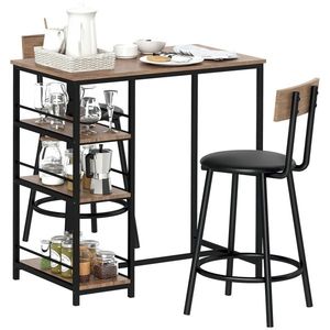 HOMCOM Set de 3 piese pentru bucatarie cu bar si 2 scaune, Set de bucatarie compact cu rafturi laterale, MDF, Metal, Stejar | Aosom Romania imagine
