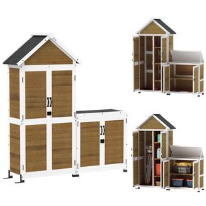 Outsunny Abri de jardin + armoire de rangement en bois cu toit incliné en asfalt, rafturi și uși blochează, natural | Aosom Romania imagine