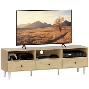 HOMCOM Mobilier TV pentru până la 75", cu 3 sertare, 3 rafturi deschise și canal pentru cabluri, 140 x 34 x 45 cm, lemn natural | Aosom Romania imagine