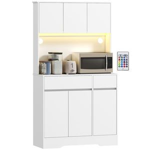 HOMCOM Bufet de bucătărie mobilier de bucătărie înălțat cu lumină LED RGB, blat de lucru, 6 uși, 2 sertare, alb | Aosom Romania imagine