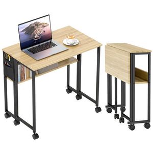 HOMCOM Birou pliabil pe roți 80 x 50 cm cu raft și geantă de depozitare, stejar | Aosom Romania imagine