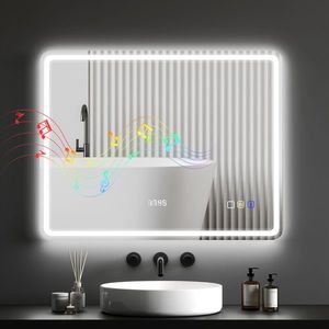 HOMCOM Oglindă de Baie cu Iluminare LED, Pad Anti-În Ceață, 3 culori reglabile, Ceas, 700 x 900 mm, Argintiu | Aosom Romania imagine
