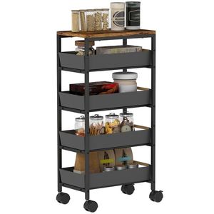 HOMCOM Carucior de Bucătărie de 5 Nivele Carucior Auxiliar cu Roți Tablou Efect Lemn Sertare Extrase 39, 5x24x82 cm Negru | Aosom Romania imagine