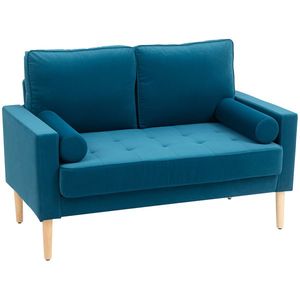 HOMCOM Canapea 2 locuri modernă din catifea de 127 cm cu perne groase, 2 perne și șezut capitonat, albastru | Aosom Romania imagine