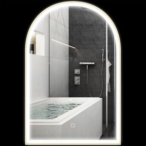 HOMCOM Oglindă de baie LED 90 x 60cm, murală, 3 culori, arcuită cadru din aluminiu, dezmagicire și buton tactil | Aosom Romania imagine