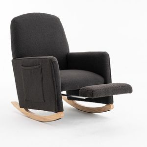 Scaun balansoar cu taburet, fotoliu de relaxare cu spătar înalt, material Teddy, 67x96-127x96 cm, Gri închis imagine