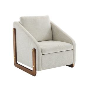 Scaun modern de accent pentru living, fotoliu cu brațe din lemn și pernă pentru spate, material chenille, 73, 5x73, 5x73, 5 cm, Bej imagine