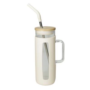 Cana cu maner si pai, Slim White, Brandani, 8x21.5 cm, sticla/silicon/bambus imagine