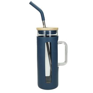 Cana cu maner si pai, Slim Petrol, Brandani, 8x21.5 cm, sticla/silicon/bambus imagine