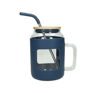 Cana cu maner si pai, Curvy Petrol, Brandani, 12.5x18.5 cm, sticla/silicon/bambus imagine