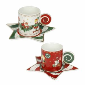 Set 2 cesti cu farfurie pentru cafea, Elfomagia White Red, Brandani, 12.5x12.5x6 cm, portelan New Bone China imagine