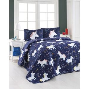 Set cuvertura matlasata dubla 3 piese, Magic Unicorn - Dark Blue, Eponj Home, 65% bumbac/35% poliester imagine