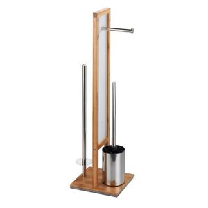 Suport hartie igienica si perie toaleta, Wenko, Rivalta, 18 x 70 x 23 cm, bambus/sticla, alb imagine