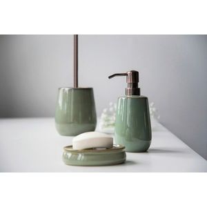 Perie pentru toaleta cu suport Sirmione, Wenko, 10.5x40 cm, ceramica/inox, verde/aramiu imagine