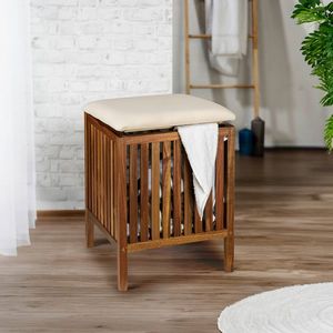 Taburet pentru baie Fondi, Wenko, 39x39x52 cm, lemn acacia/bumbac, maro/bej imagine