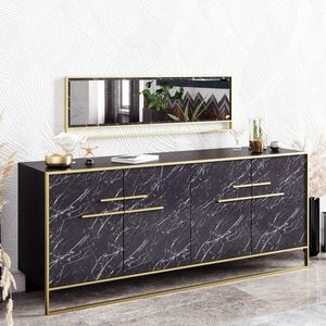 Set bufet si oglinda Polka Aynali Black, Hadley, 180 x 47.3 x 75 cm/121.8 x 37.8 x 3 cm, auriu/negru imagine