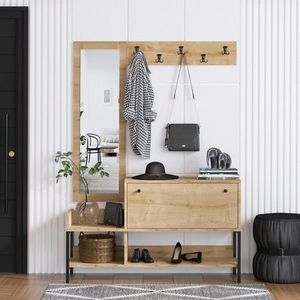Cuier cu oglinda si pantofar Nonso, Elegance, 120x35x148.5 cm, PAL, argintiu/natural imagine